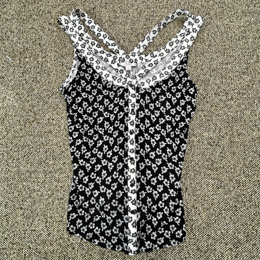 Candies Floral Tank Top XS Black White Strappy V-Neck Sleeveless